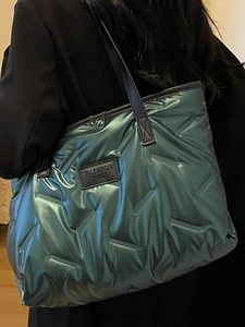 Metallic quilted tote bag in teal with fashion label, large capacity shoulder handbag