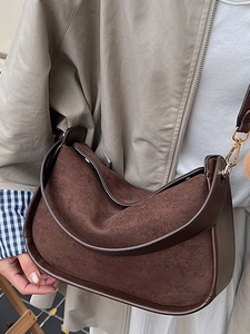 Vintage coffee suede crossbody bowling bag with smooth leather trim and gold hardware
