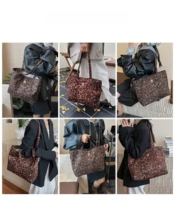 Collage of model wearing the large leopard print tote bag with various fashion outfits