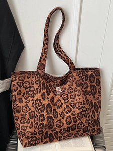Women Large Capacity Leopard Print Canvas Tote Bag Urban Simple Shoulder Bag With Cartoon Teddy Bear Embroidery Patch Casual Shopping Bag