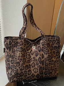 Large leopard print tote bag with cartoon bear patch and spacious square canvas structure