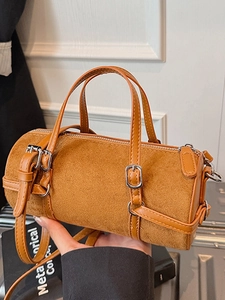 Women Fashion Suede Bowling Bag Retro Simple Crossbody Shoulder Bag With Stitching Detail Casual Handheld Top Handle Bag