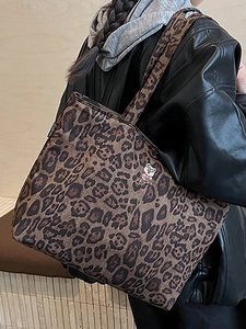Large leopard print tote bag with bear embroidery, stylish canvas shoulder bag for women
