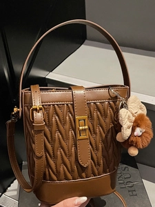 Borsa Quadrata Piccola Plissettata da Donna Moda Pelle PU Trapuntata Borsa a Secchiello Con Pendente Mostro Peluche Borsa a Spalla