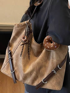 Retro brown large capacity tote bag with suede texture and doughnut charm accessory