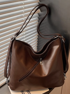 Women Vintage Large Capacity PU Leather Shoulder Bag Solid Color Commuter Tote Bag Adjustable Strap Fashion Backpack