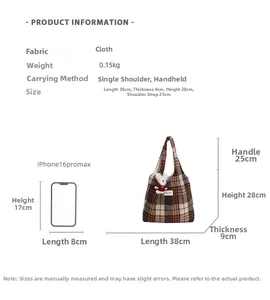 Size comparison of checkered wool tote bag with iPhone 16 Pro Max showing dimensions