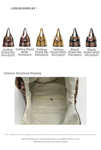 Detailed interior of plaid tote bag featuring secure zipper pocket and soft lining