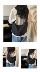 Macro view of black dumpling bag texture with drawstring zipper and white logo label