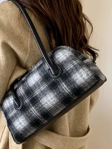 Retro black and white plaid wool shoulder bag with leather straps for women's autumn style
