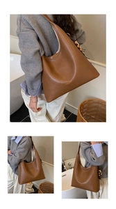 Three-angle view of vintage brown tote bag with beaded charm on soft indoor background