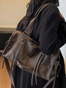 Vintage dark brown faux leather large shoulder bag with strap details for women