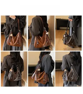 Detailed views of vintage faux leather tote bags in caramel brown and dark coffee colors
