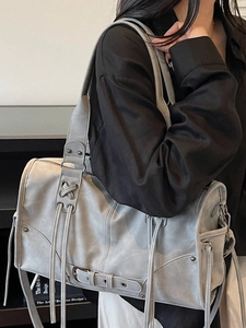 Vintage grey large capacity pillow bag with moto style buckles and leather straps