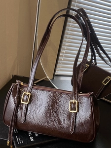 Sac Sous le Bras en Cuir PU Brillant Vintage pour Femmes Nouveau Sac à Main de Navette Élégant avec Boucle Dorée Couleur Unie Sac Baguette Élégant