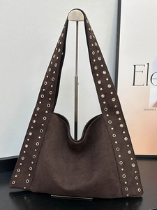 Vintage Suede Shoulder Bag For Women Retro Rivet Eyelets Hobo Handbag Large Capacity Fashion Underarm Tote Bag