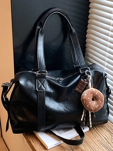 Women's Large Capacity PU Leather Tote Bag Urban Simple Solid Color Shoulder Bag Stylish Commuter Handbag With Pendant Decoration