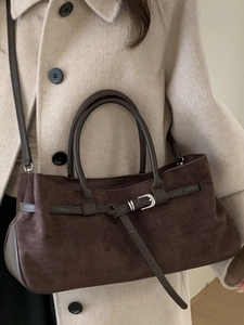Brown frosted leather tote bag with silver buckle and crossbody strap for women