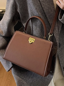 Sac cabas rétro en cuir marron foncé avec fermoir doré et poignée pour femmes