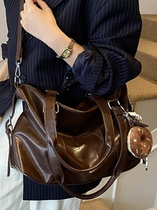 Coffee brown large capacity faux leather tote bag with donut pendant charm and strap