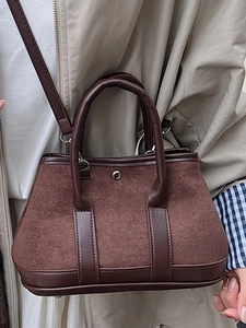 Retro brown suede and leather tote bag with stylish crossbody strap for women