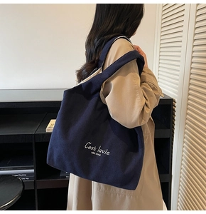 Borsa tote in velluto a coste blu scuro con grande capacità e spallacci comodi