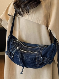 Classic denim crescent crossbody bag with multi-zipper pockets and fashion logo