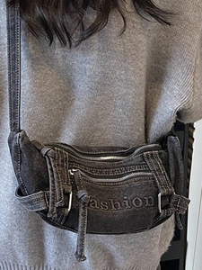 Vintage washed charcoal denim crossbody bag with fashion lettering and multi-zipper detail