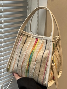 Sac Bandoulière Tendance en Laine à Rayures Multicolores pour Femmes Petit Sac à Main en Cuir Synthétique Contrasté Mode