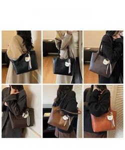 Collage of model carrying large tote bags in black, dark brown, and caramel colors