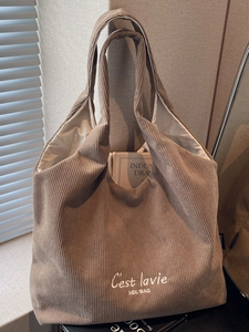 Borsa tote in velluto a coste marrone da donna, grande borsa a spalla per l'uso quotidiano