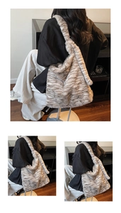Close-up detail of plush striped faux fur tote bag with thick texture and spacious design
