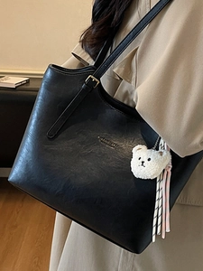 Large capacity black faux leather tote bag with cute white teddy bear charm and adjustable strap