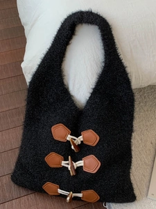 Sac Cabas Tricoté pour Femmes Hiver Grande Capacité Sac à Épaule Avec Boutons Brandebourg Sac Hobo Rétro pour Quotidien