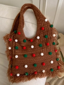 Sac Cabas en Tricot Vintage pour Femmes Avec Pompons Colorés et Franges Fil Fait Main Style de Noël Sac à Épaule Grande Capacité