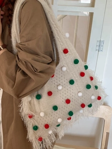 Sac à épaule tricoté crème avec pompons colorés et détails de franges pour femmes
