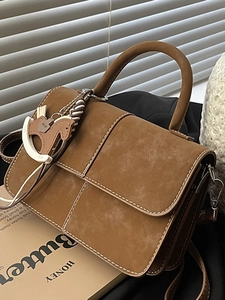 Retro Frosted PU Leather Shoulder Bag For Women Contrast Stitching Crossbody Square Bag With Horse Charm Handbag Commuting Messenger Bag