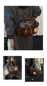 Détails du sac Boston vintage marron foncé avec noeud papillon et porte-clés biscuit