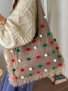 Sac fourre-tout en tricot fait main avec pompons colorés et franges pour femmes