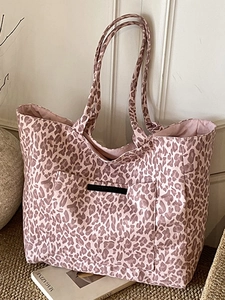 Women Retro Pink Leopard Print Canvas Tote Bag Large Capacity Single Shoulder Hobo Bag For Daily Commuting Shopping Casual Handbag