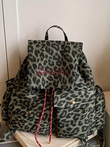 Women Vintage Leopard Print Canvas Backpack Large Capacity Fashion Preppy Style Drawstring Flap School Bag Daily Travel Bag