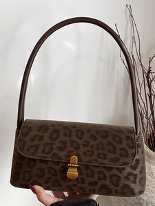 Women's PU Leather Leopard Print Shoulder Bag Vintage Baguette Underarm Bag With Gold Metal Lock Fashion Square Bag