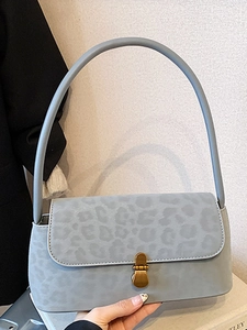 Vintage Morandi blue leopard print baguette shoulder bag with bronze hardware buckle