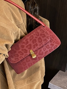 Vintage burgundy leopard print baguette shoulder bag with gold twist lock for women