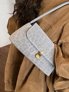 Retro grey leopard print shoulder bag with gold metal buckle and matte texture