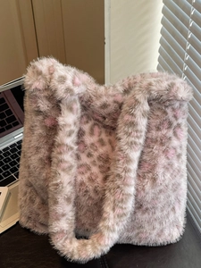 Large capacity leopard print faux fur tote bag with soft pink and grey plush texture