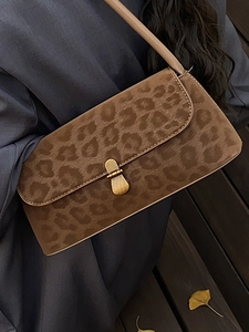 Retro brown leopard print suede underarm bag with gold metal buckle for women