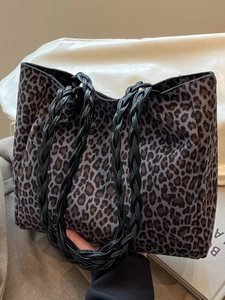 Leopard Print Tote Bag For Women Large Capacity Suede Shoulder Bag With Braided Handle Fashion Korean Style Commuter Handbag