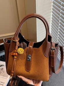 Women's Fashion PU Suede Splicing Bucket Bag Retro Minimalist Shoulder Crossbody Handbag With Metal Lock Decorative Pendant
