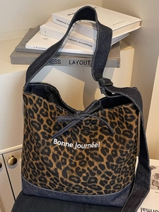 Sac à Épaule Imprimé Léopard pour Femmes Patchwork de Toile et Denim Grande Capacité Tote Mode avec Impression Bonne Journée